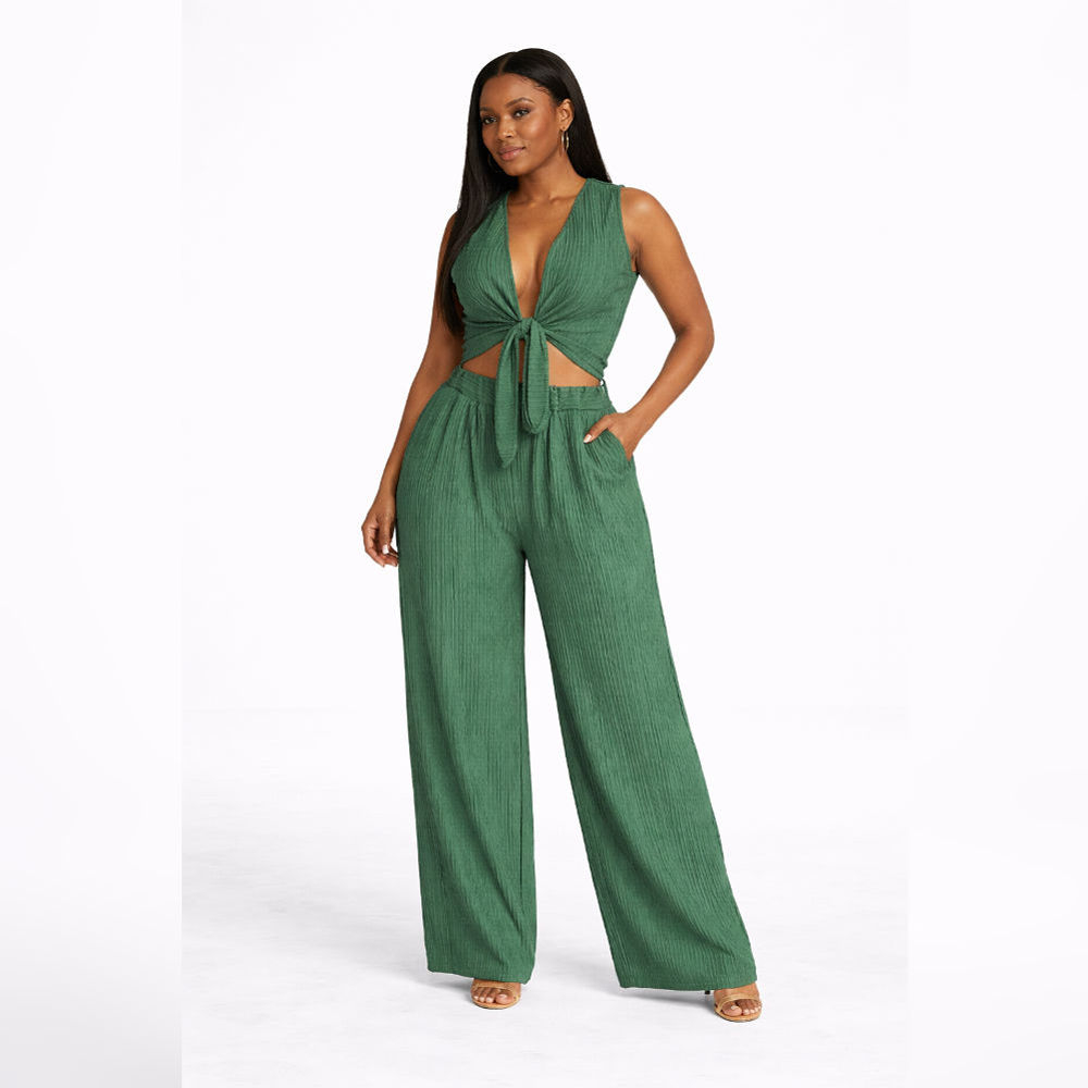 Women Green Textured Two Piece Tie Front Top and Wide Leg Pants Set